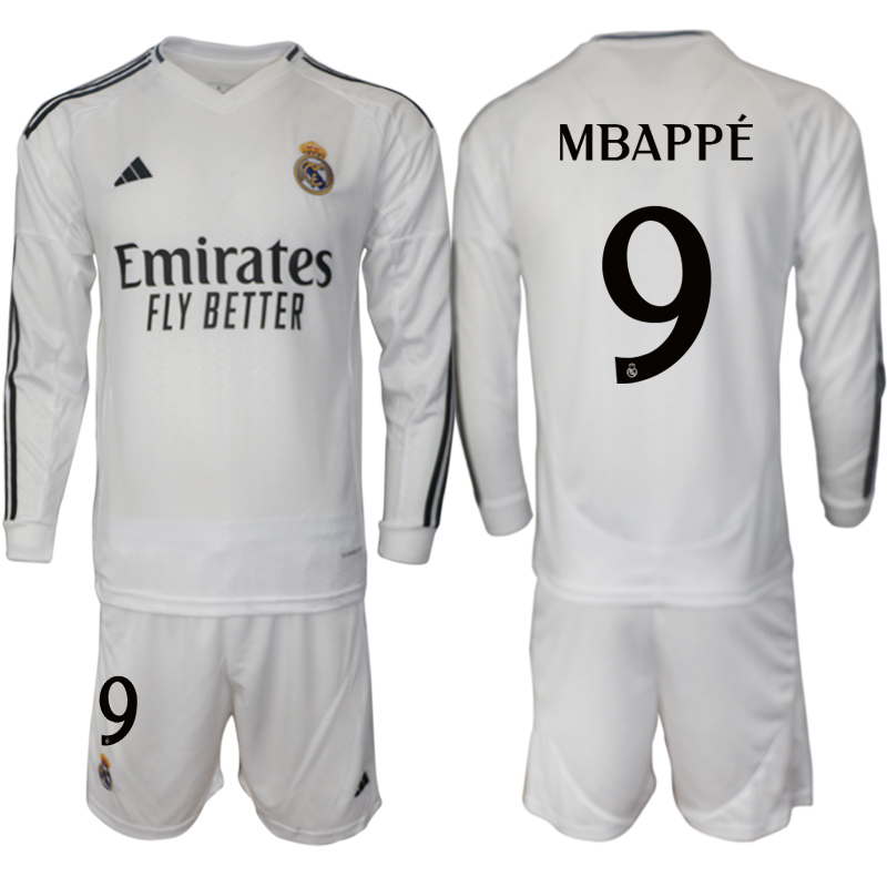 Men 2024-2025 Club Real Madrid home Long Sleeves White #9 Soccer Jersey->real madrid jersey->Soccer Club Jersey